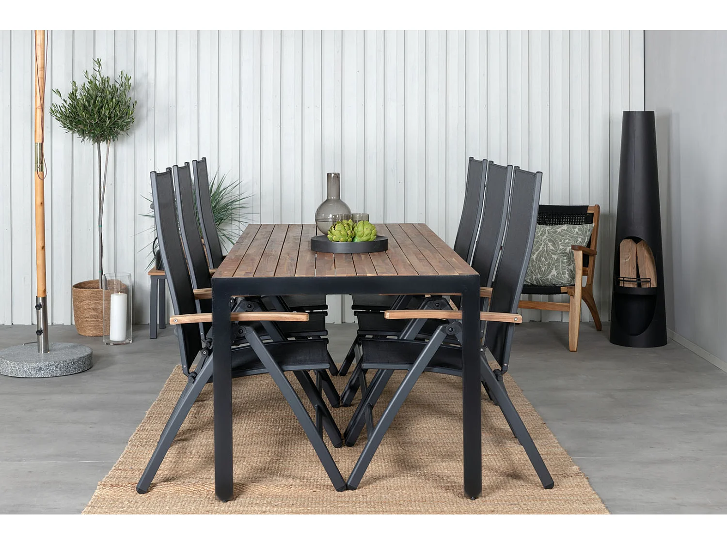 Bois Ensemble table et chaises de jardin, table 90x205cm et 6 chaises Panama, noir, naturel.