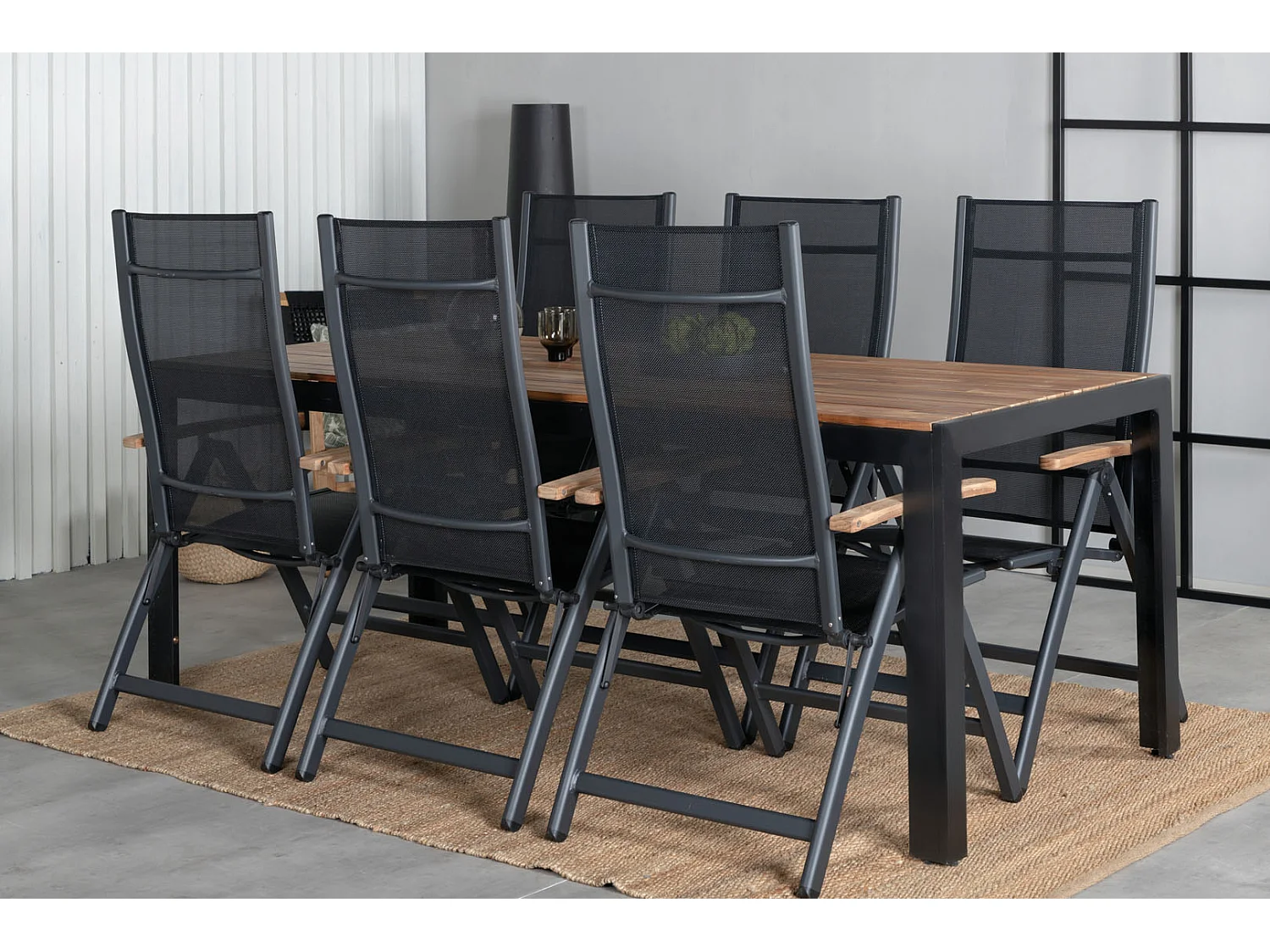 Bois Ensemble table et chaises de jardin, table 90x205cm et 6 chaises Panama, noir, naturel.