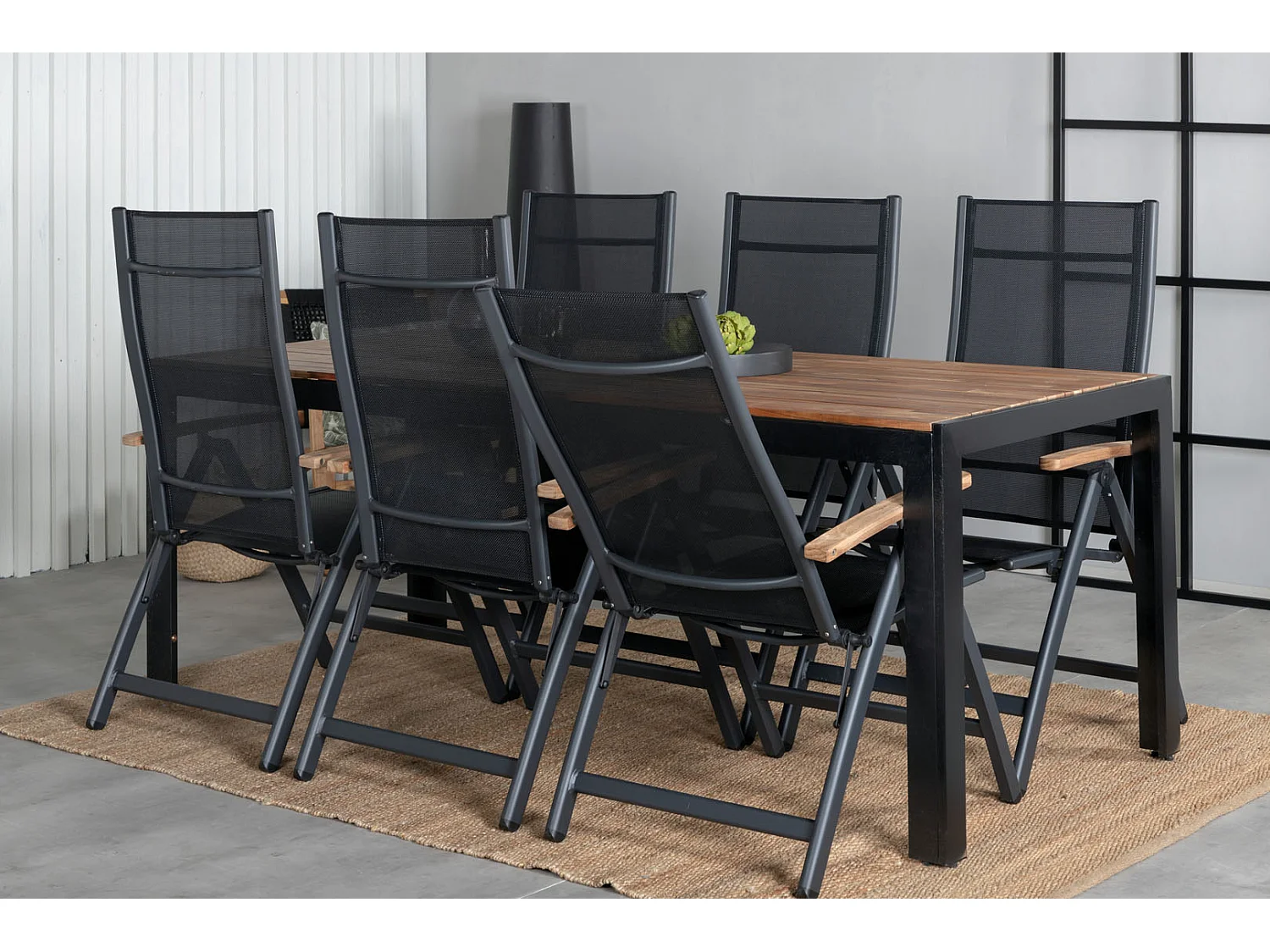 Bois Ensemble table et chaises de jardin, table 90x205cm et 6 chaises Panama, noir, naturel.