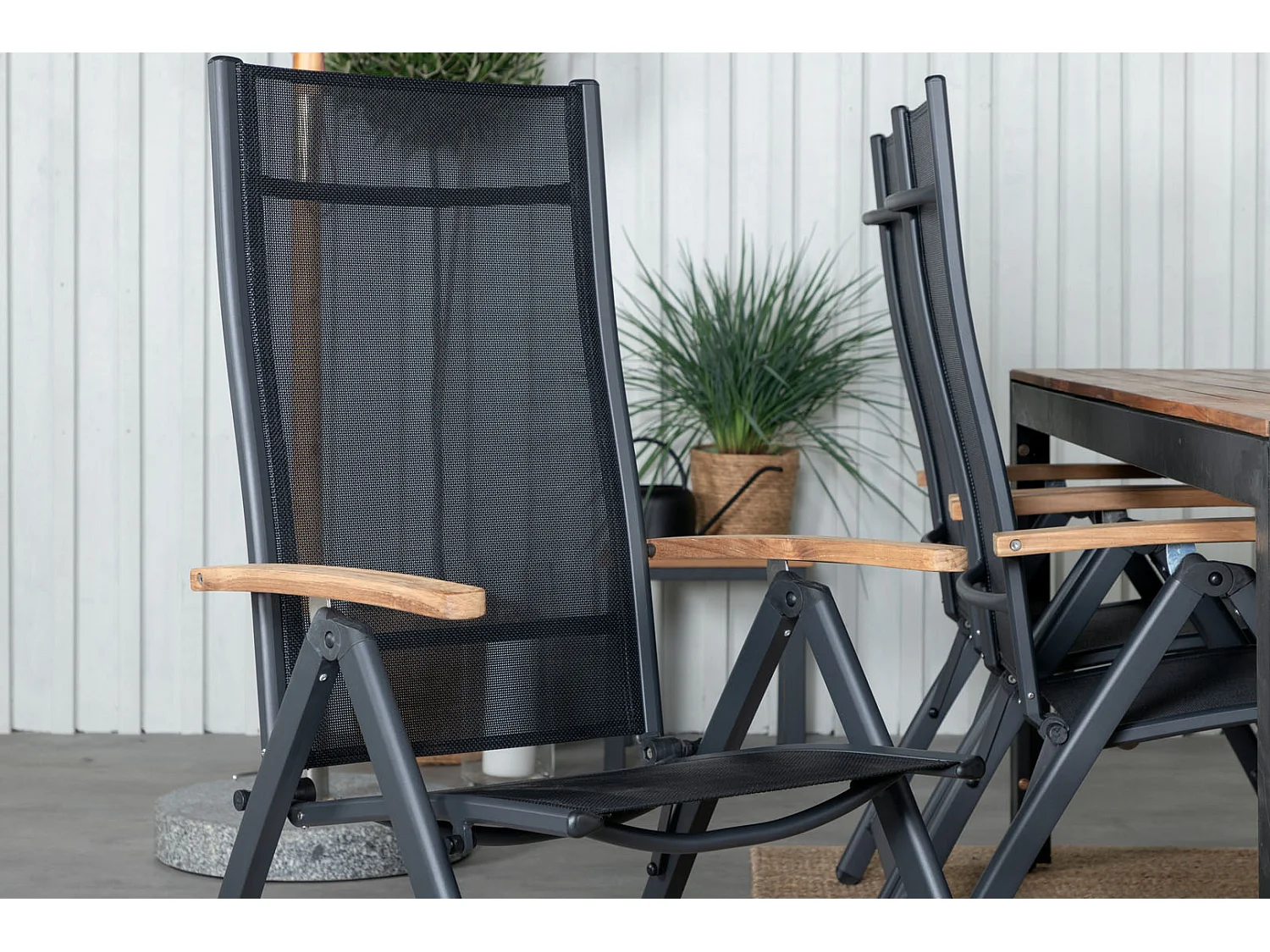 Bois Ensemble table et chaises de jardin, table 90x205cm et 6 chaises Panama, noir, naturel.