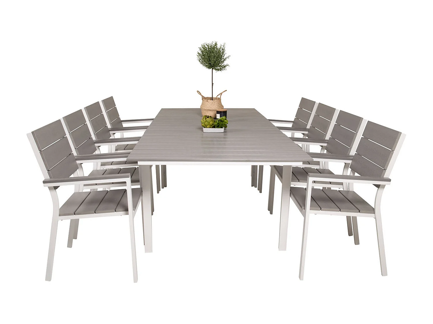 Levels Ensemble table et chaises de jardin, table 100x160/240cm et 8 chaises Levels, blanc, gris.