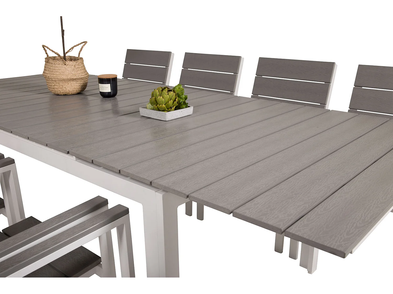 Levels Ensemble table et chaises de jardin, table 100x160/240cm et 8 chaises Levels, blanc, gris.