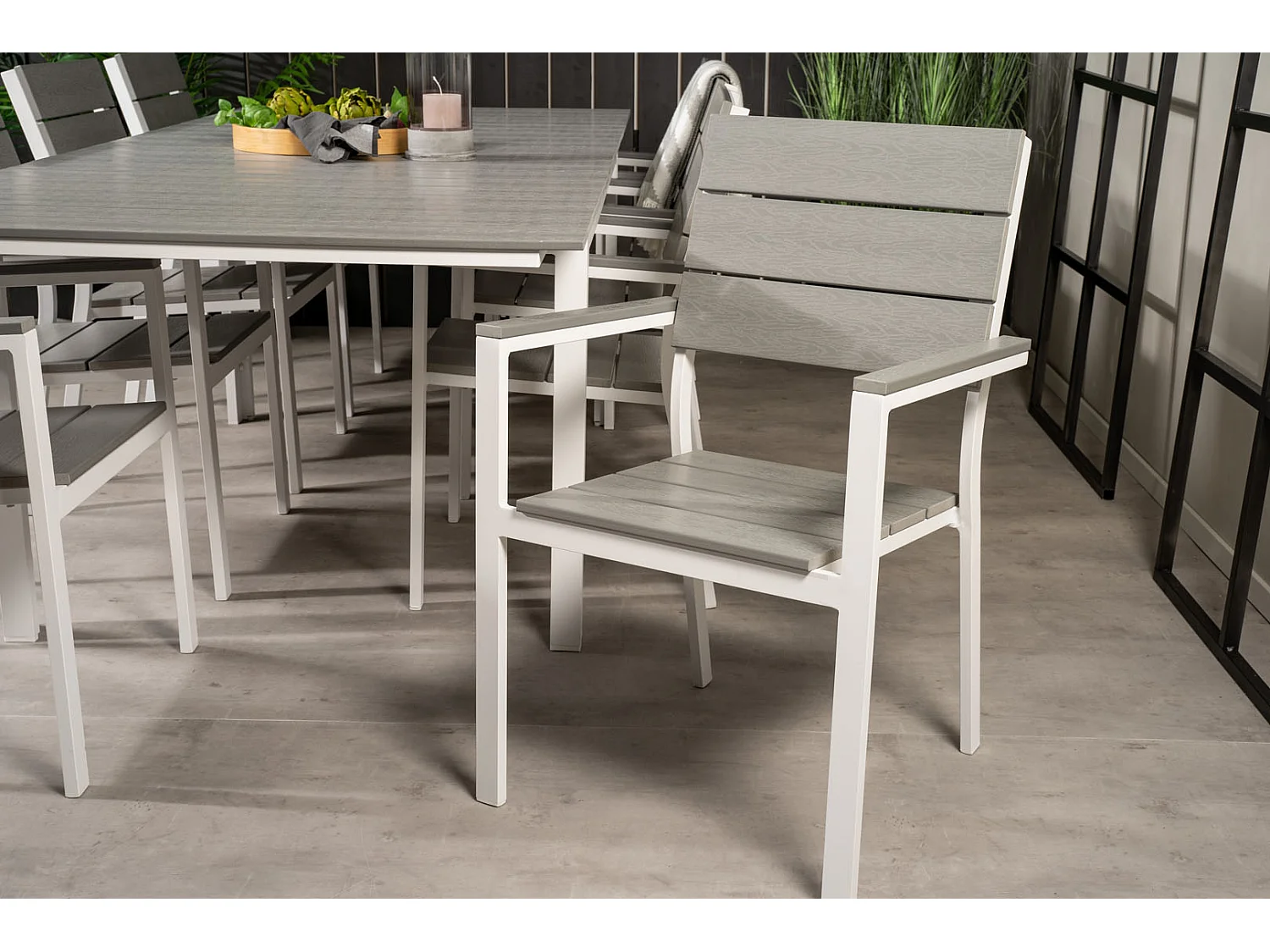 Levels Ensemble table et chaises de jardin, table 100x160/240cm et 8 chaises Levels, blanc, gris.