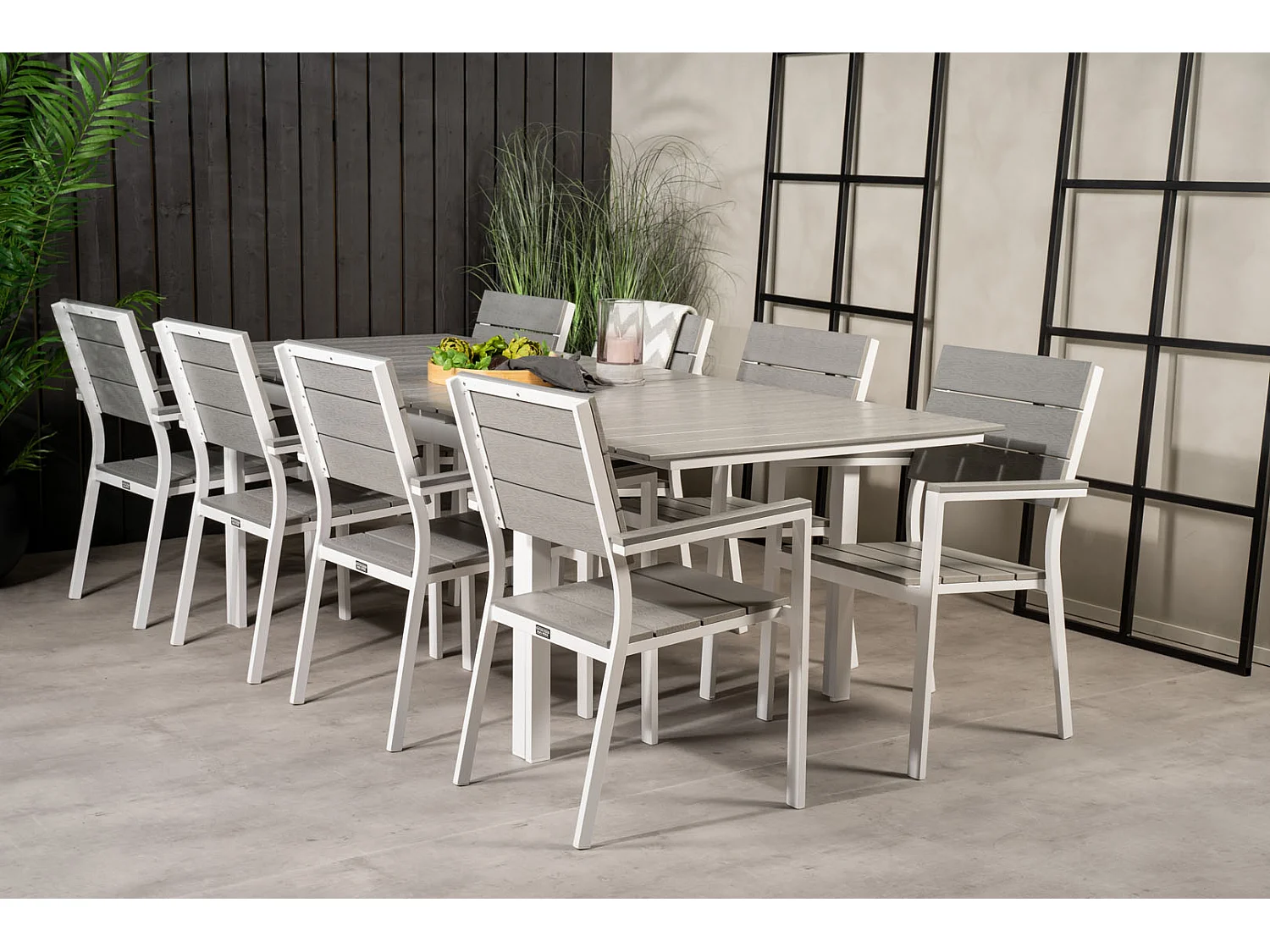 Levels Ensemble table et chaises de jardin, table 100x160/240cm et 8 chaises Levels, blanc, gris.