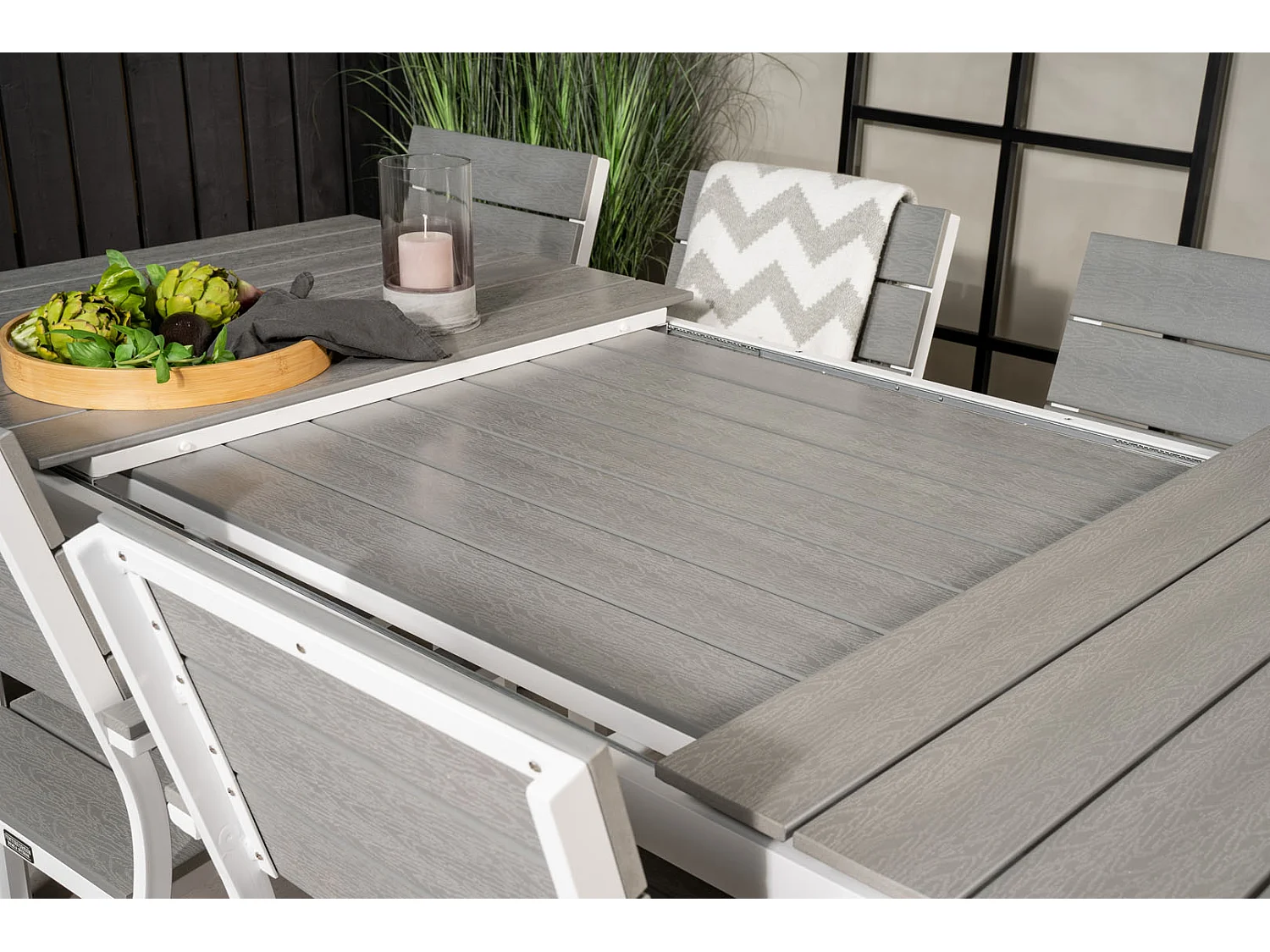 Levels Ensemble table et chaises de jardin, table 100x160/240cm et 8 chaises Levels, blanc, gris.