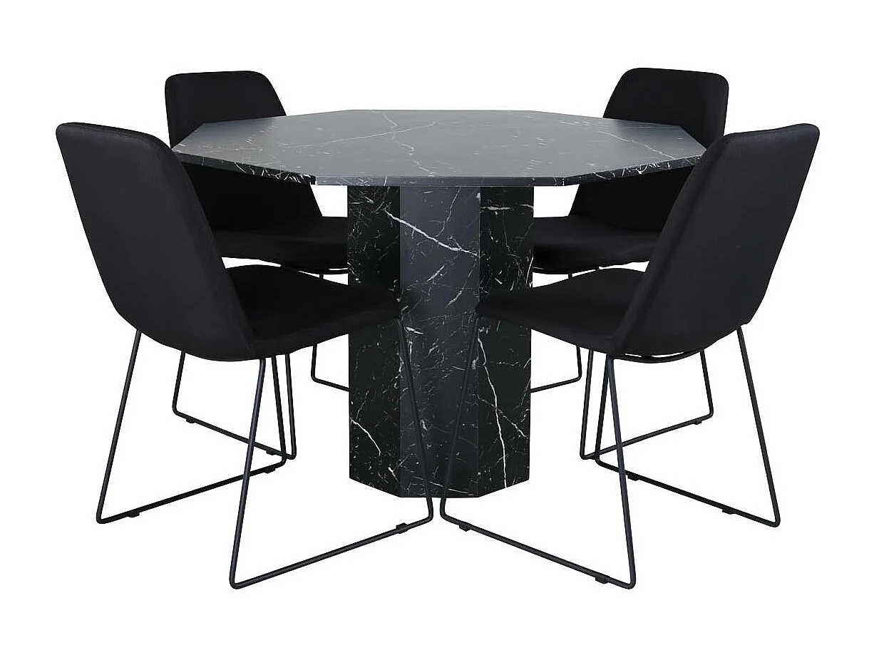 Marbs eethoek eetkamertafel zwart marmer decor en 4 Muce eetkamerstal zwart.