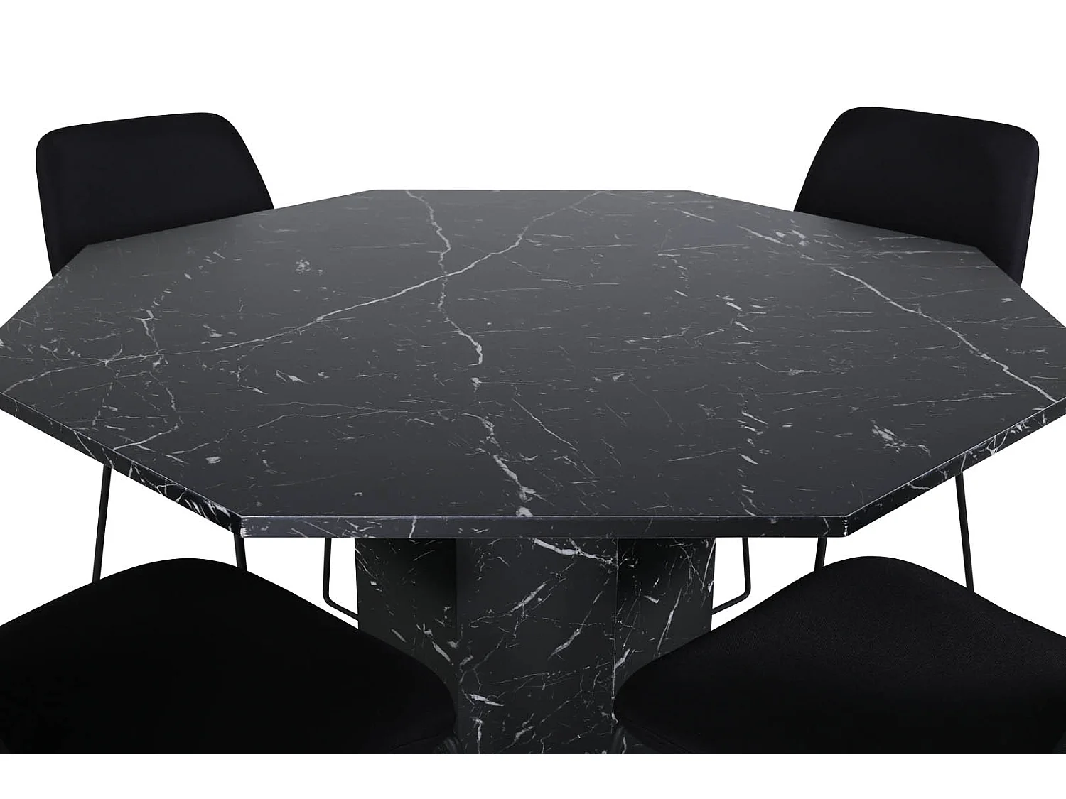 Marbs eethoek eetkamertafel zwart marmer decor en 4 Muce eetkamerstal zwart.