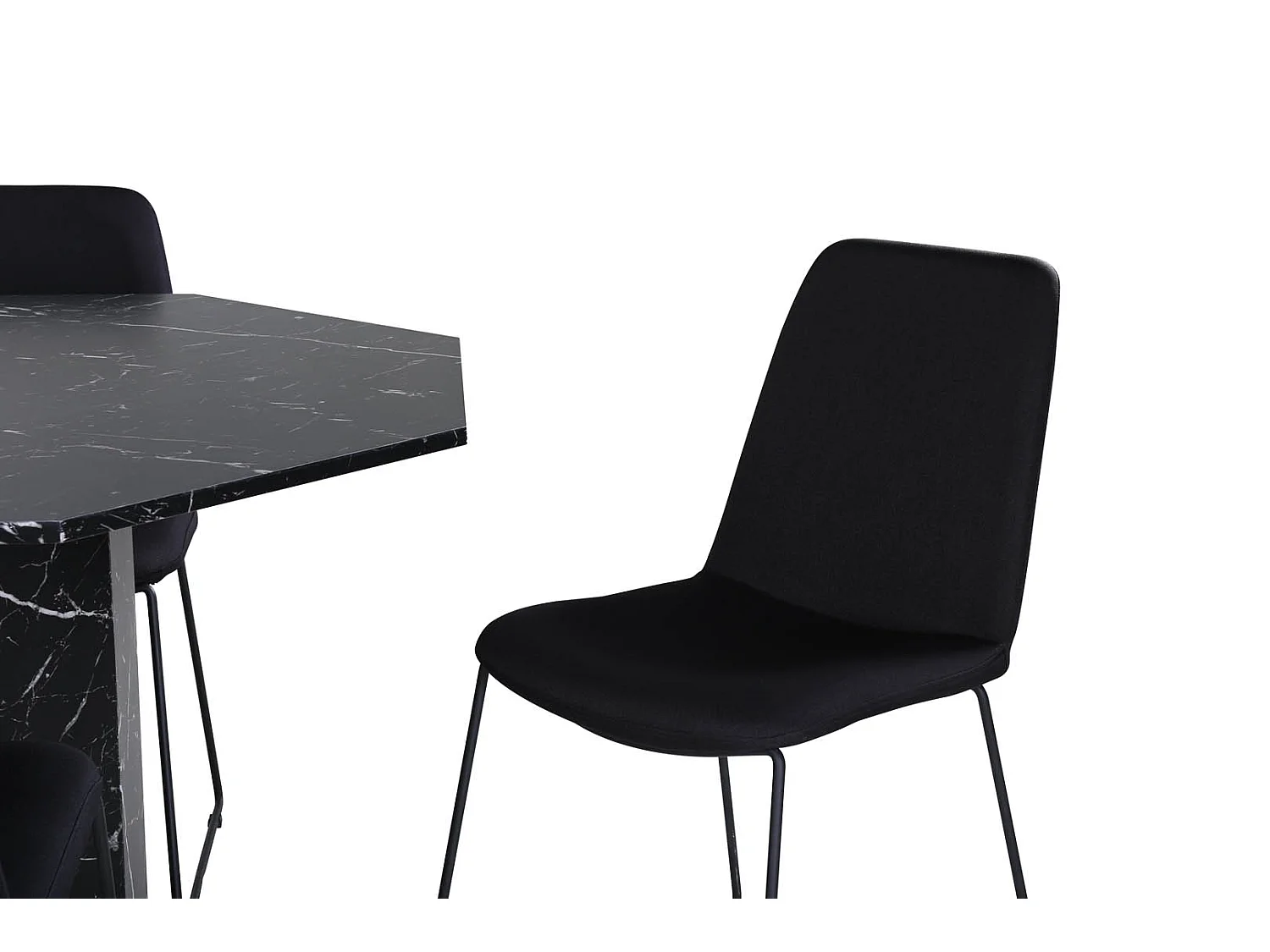 Marbs eethoek eetkamertafel zwart marmer decor en 4 Muce eetkamerstal zwart.