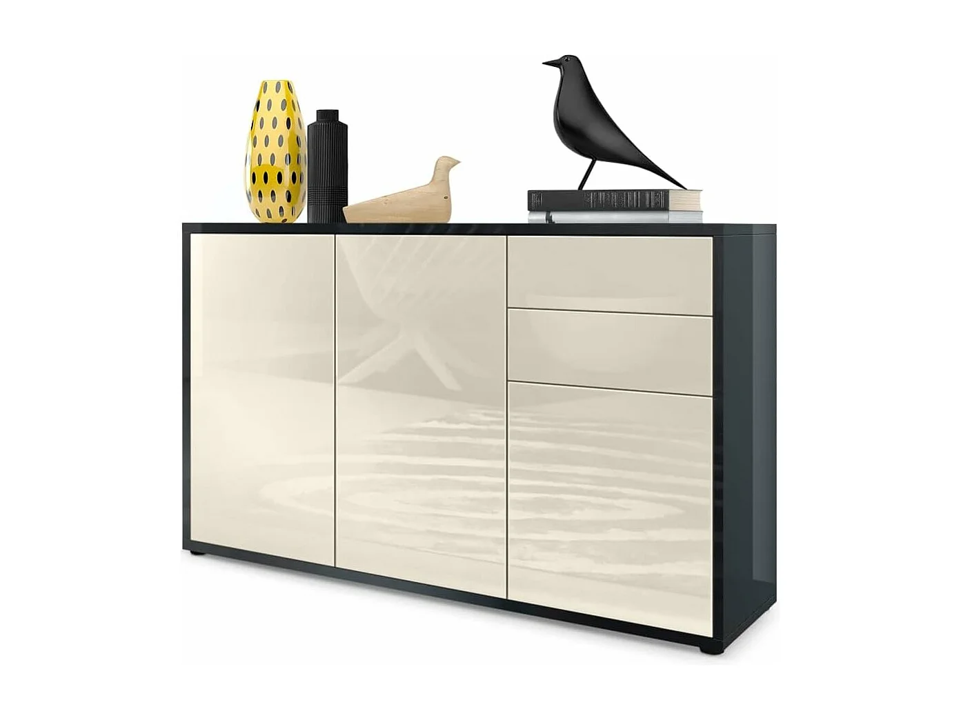 Commode Moderne  Laquée Corps Noir Façade Crème (hxlxp) : 74 x 117 x 36