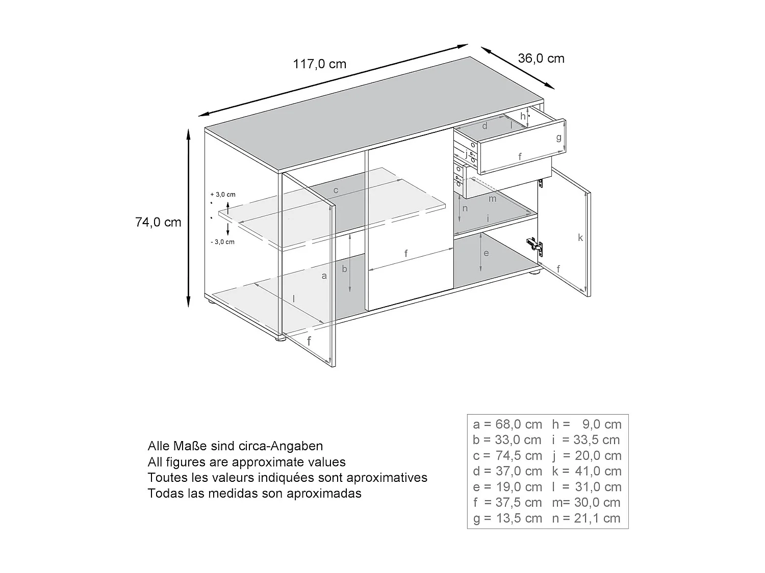 Commode Moderne  Laquée Corps Noir Façade Crème (hxlxp) : 74 x 117 x 36