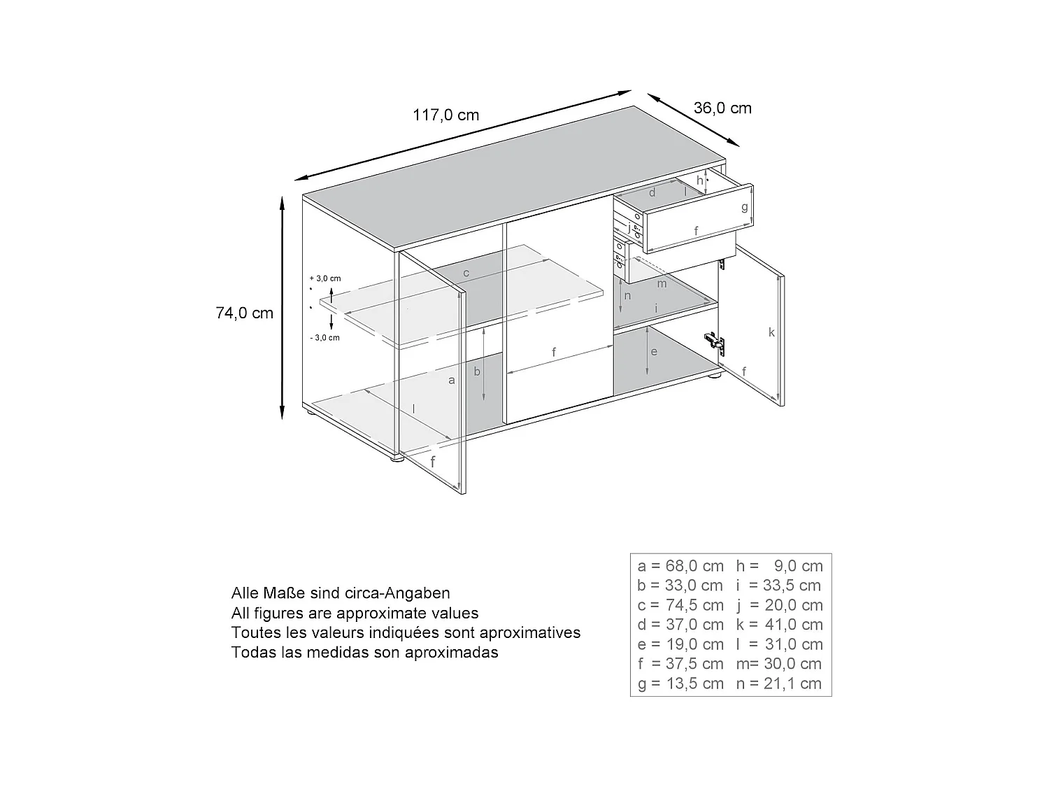 Commode Moderne  Laquée Corps Noir Façade Crème (hxlxp) : 74 x 117 x 36