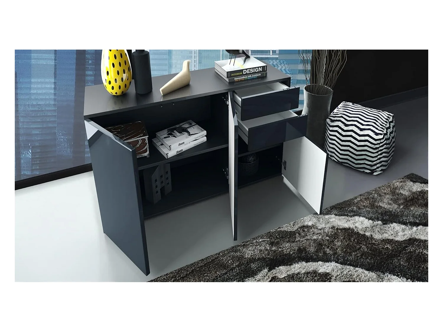 Commode Moderne  Laquée Corps Noir Façade Crème (hxlxp) : 74 x 117 x 36