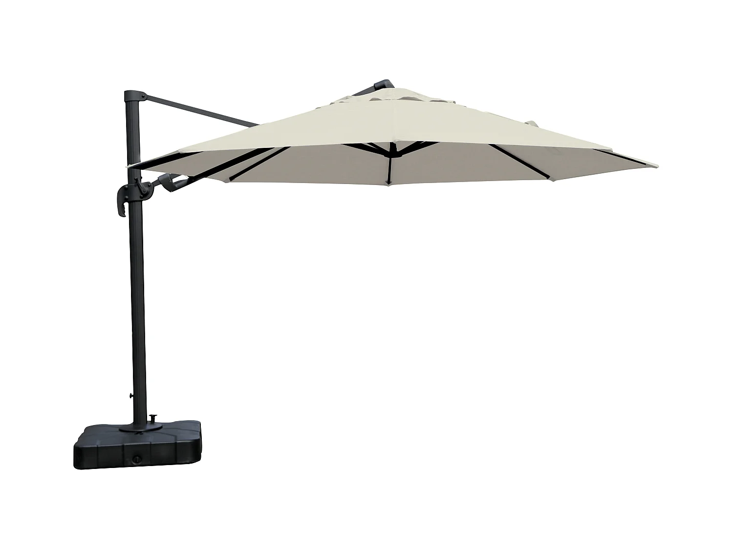 Anders hangparasol Ø3,5 M, met voet, zwart en off white.