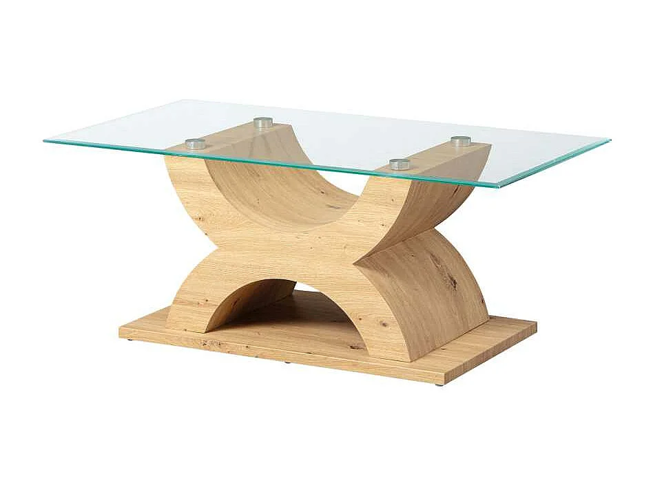 Xira salontafel met glazen blad en poten in wild eikenhouten decor.