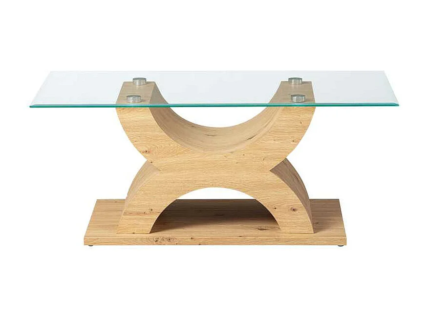 Xira salontafel met glazen blad en poten in wild eikenhouten decor.