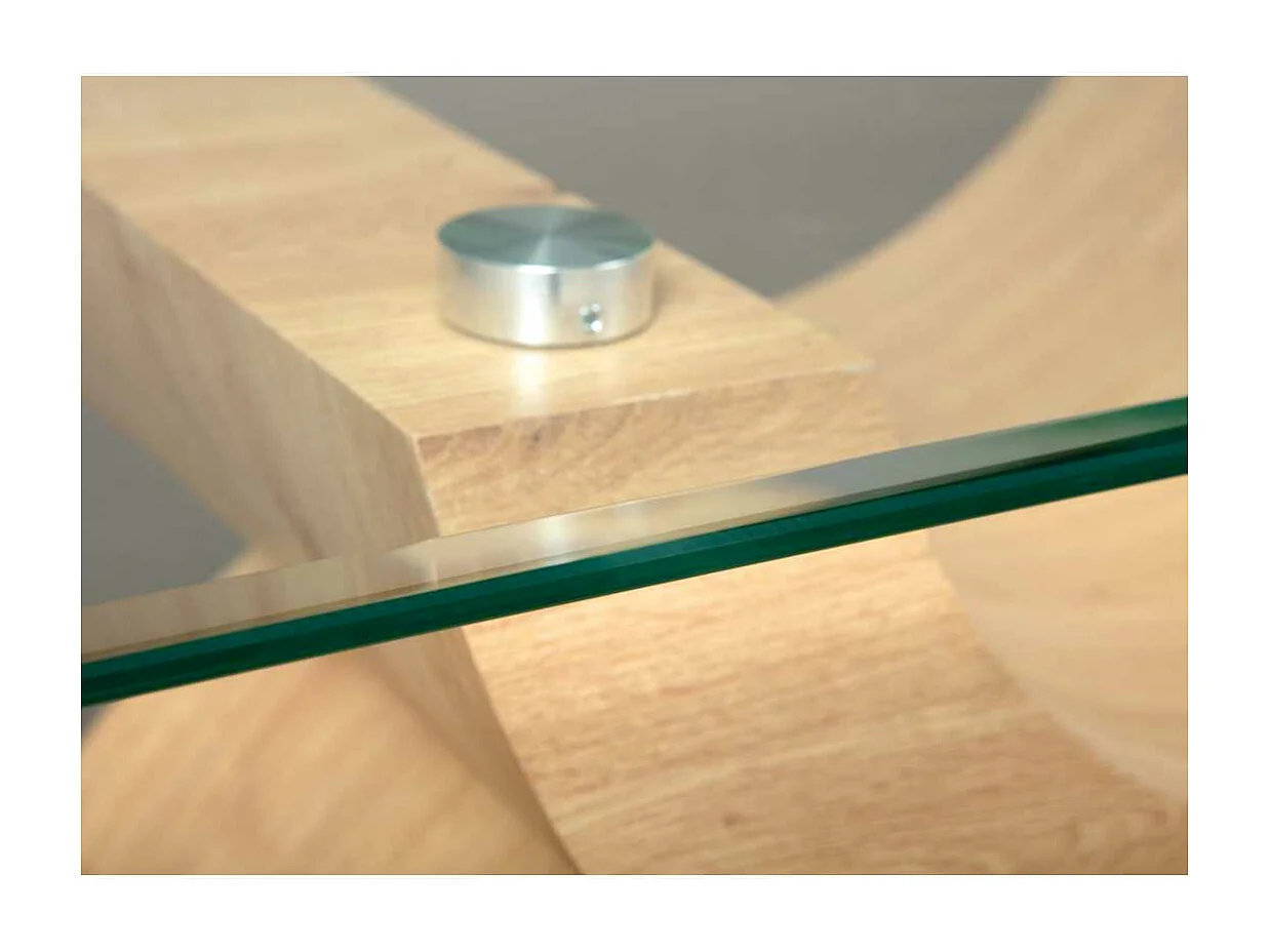 Xira salontafel met glazen blad en poten in wild eikenhouten decor.