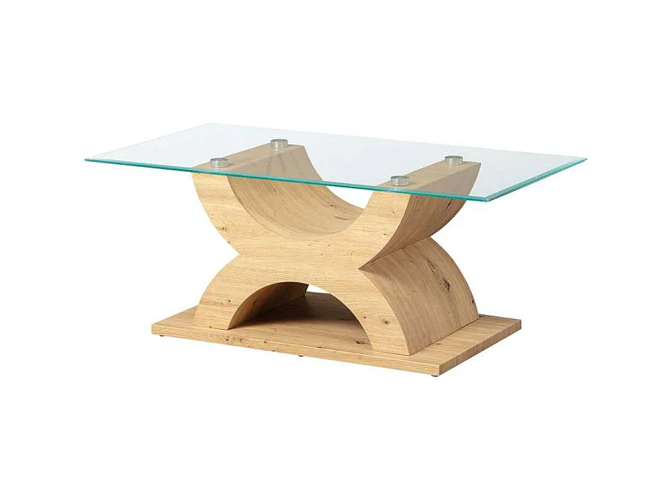 Xira Table basse avec plateau en verre et pieds en imitation chêne sauvage.