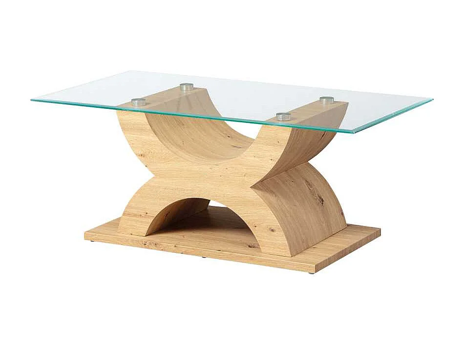 Xira salontafel met glazen blad en poten in wild eikenhouten decor.