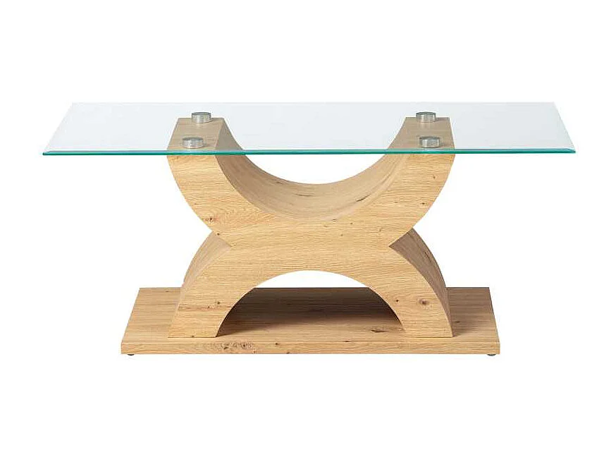 Xira salontafel met glazen blad en poten in wild eikenhouten decor.