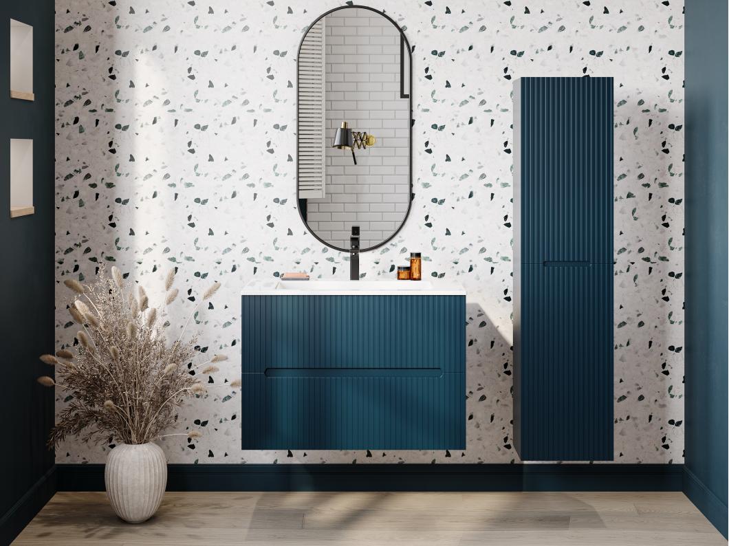 Hangende kolomkast voor badkamer - 140 cm - Blauw geribbeld - PAVANI