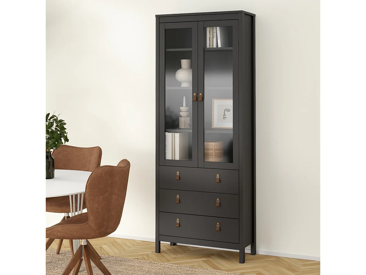 Madrid vitrinekast 2 glazen deuren 3 laden zwart mat.