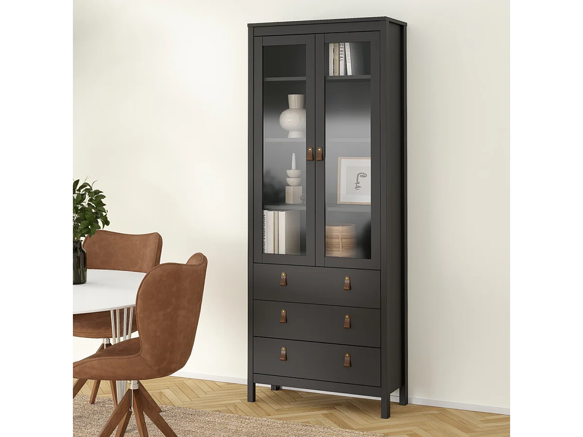 Madrid vitrinekast 2 glazen deuren 3 laden zwart mat.