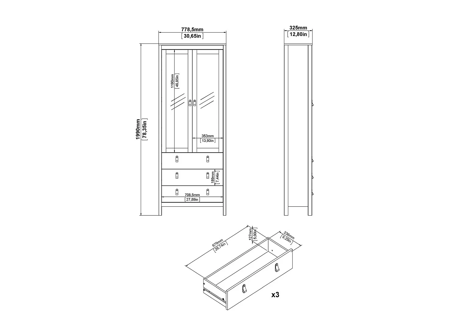 Vitrine 2 portes vitrées encadrées et 3 tiroirs H199 cm - BARCELONE