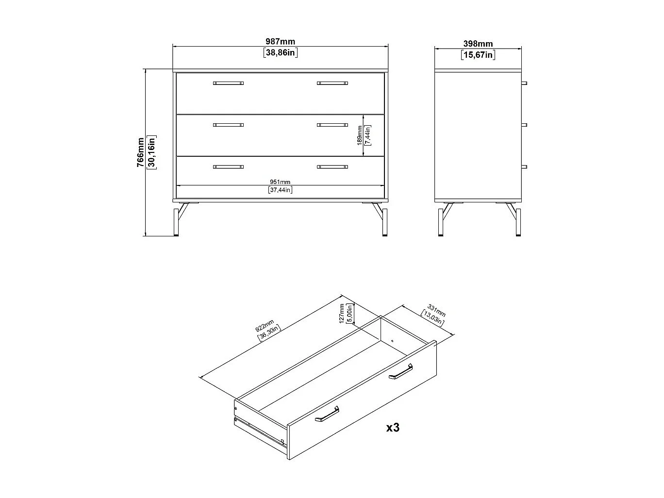 Dana commode 3 tiroirs noir mat.