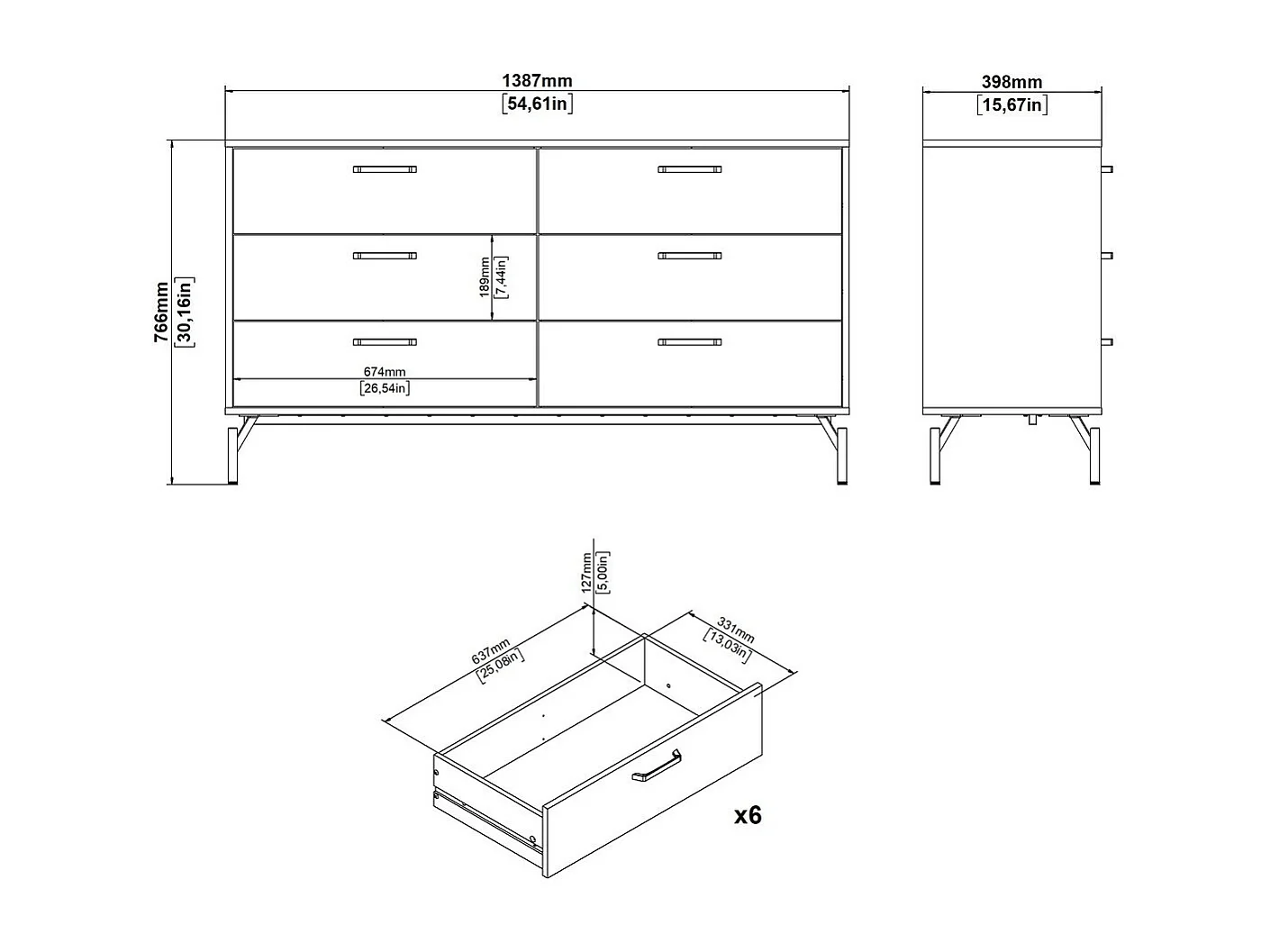 Dana Kommode 6 Schubladen schwarz matt.