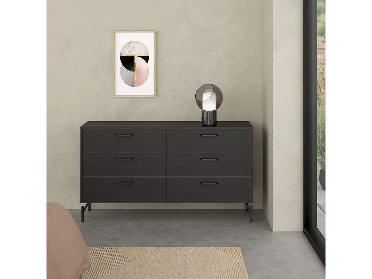 Commode 6 tiroirs noir mat pieds métal L139 cm - BORA