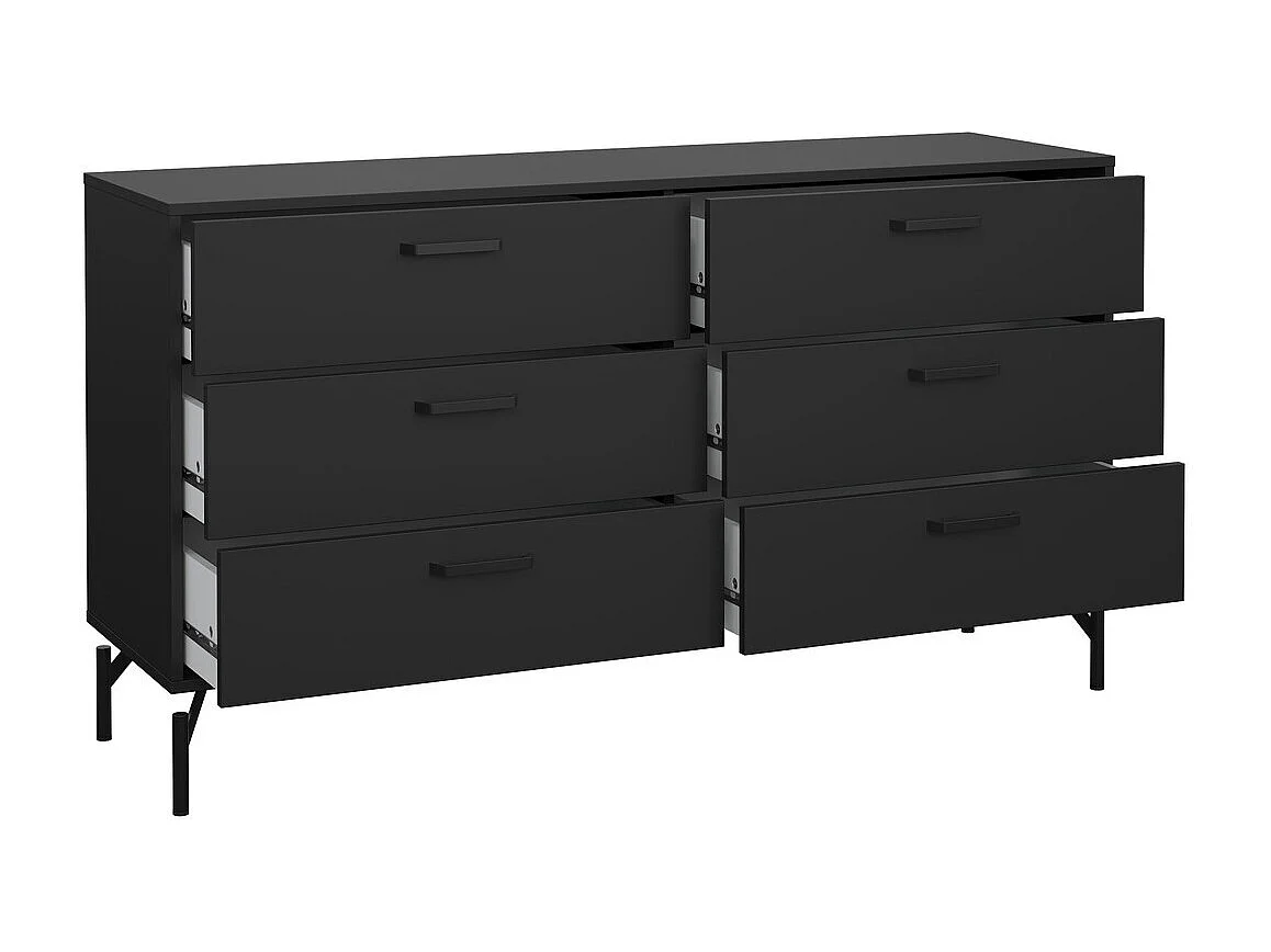 Commode 6 tiroirs noir mat pieds métal L139 cm - BORA