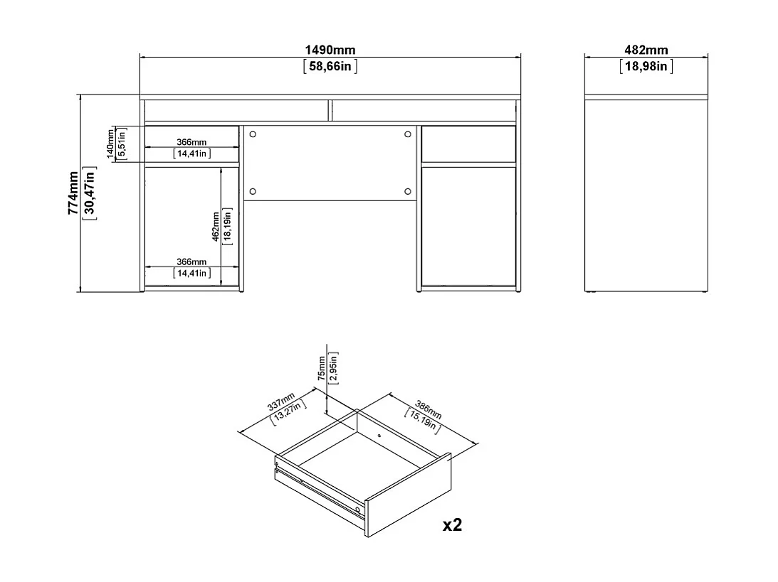 FunctionPlus bureau 2 portes 2 tiroirs blanc brillant.
