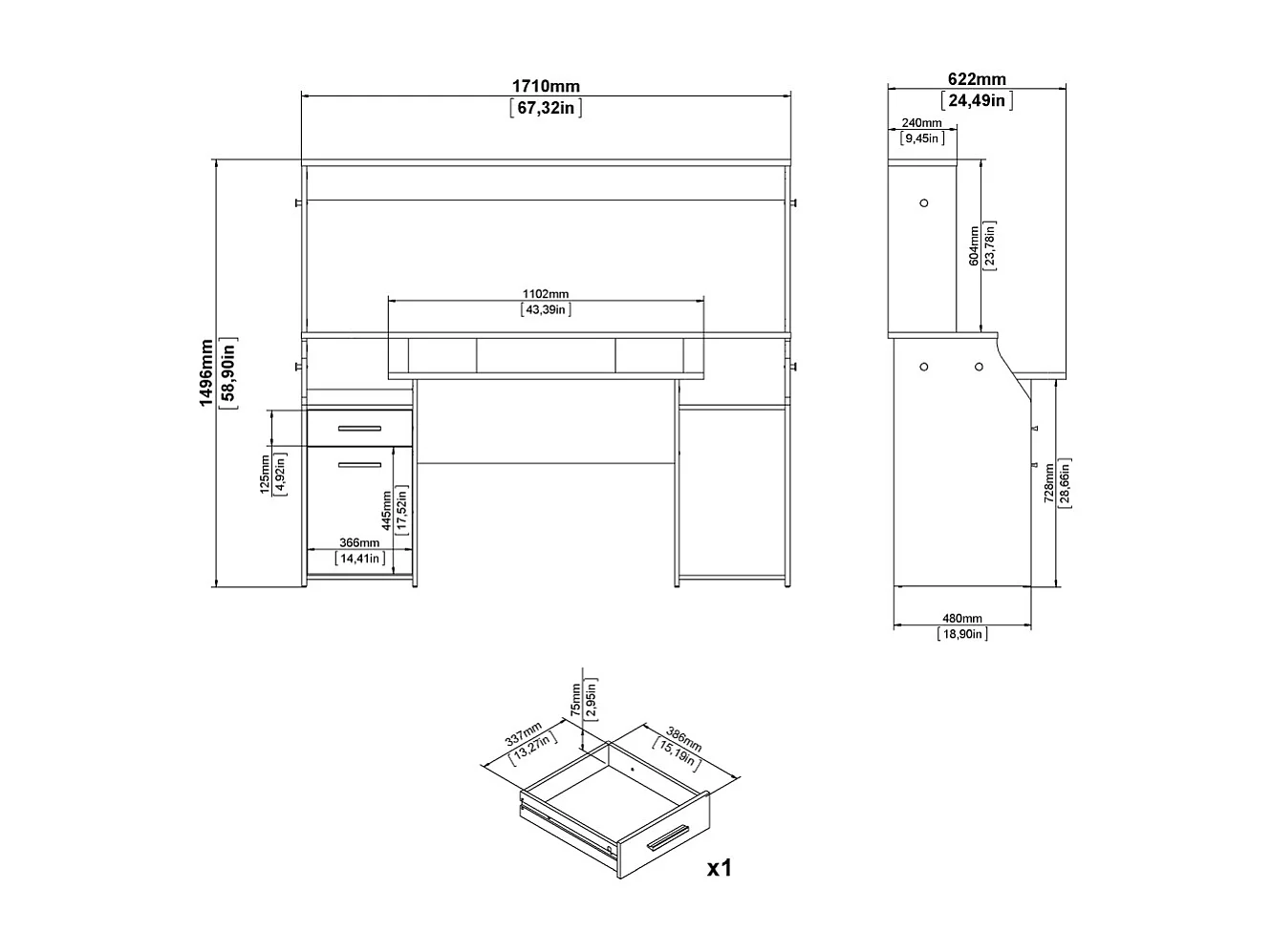 FunctionPlus bureau avec bibliothèque tablettes 1 porte 1 tiroir gris mat.