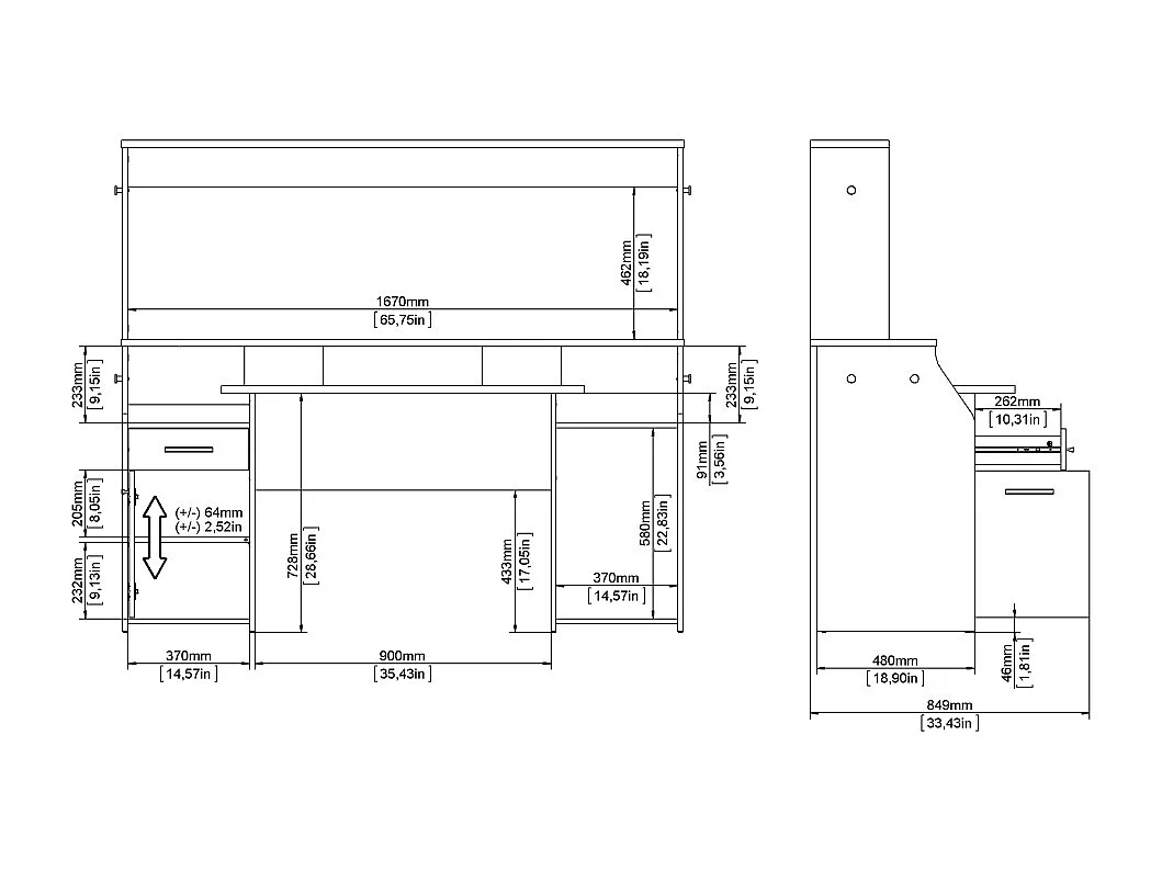 FunctionPlus bureau avec bibliothèque tablettes 1 porte 1 tiroir gris mat.