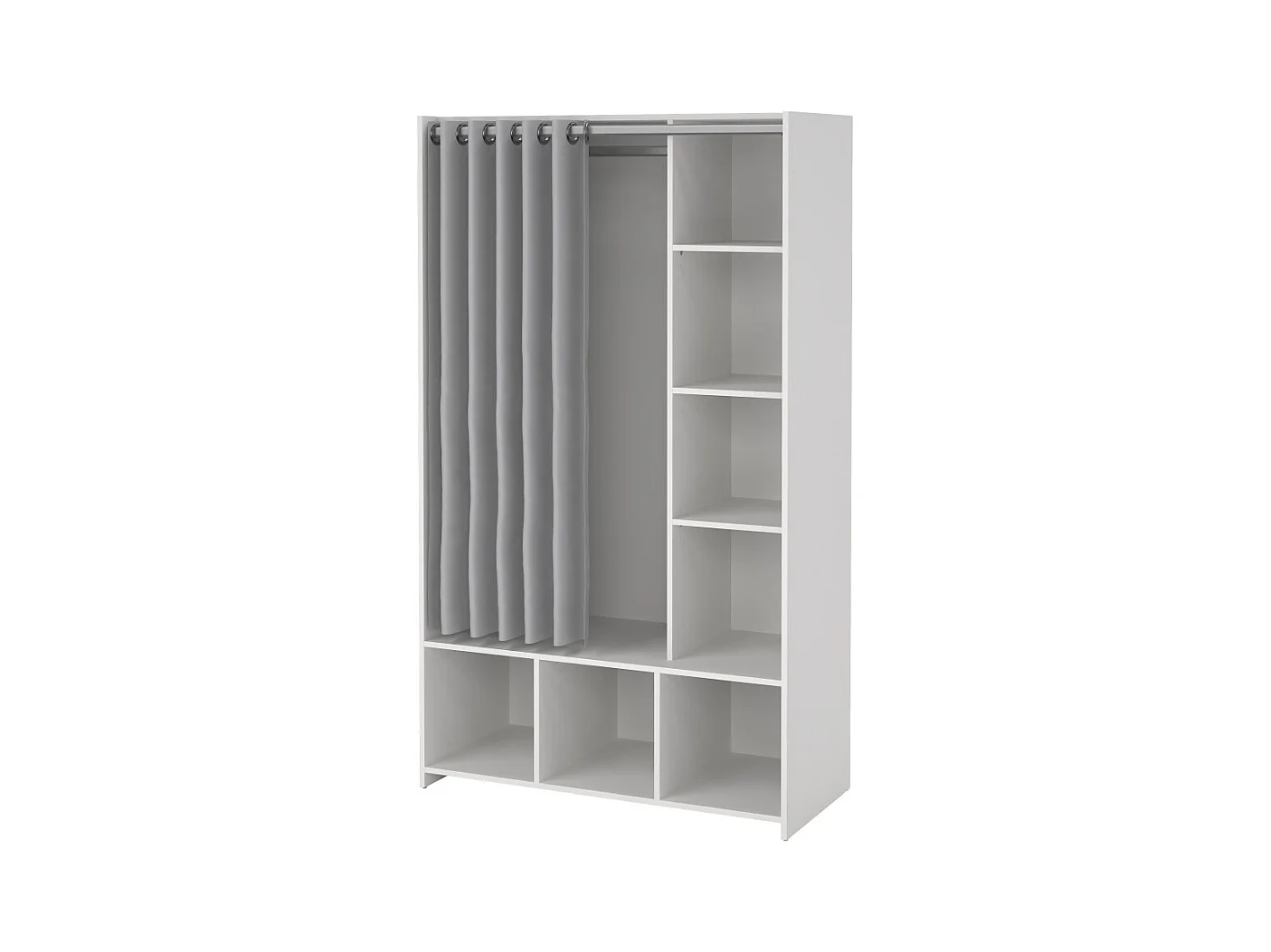Kit armoire de rangement avec rideau gris clair.