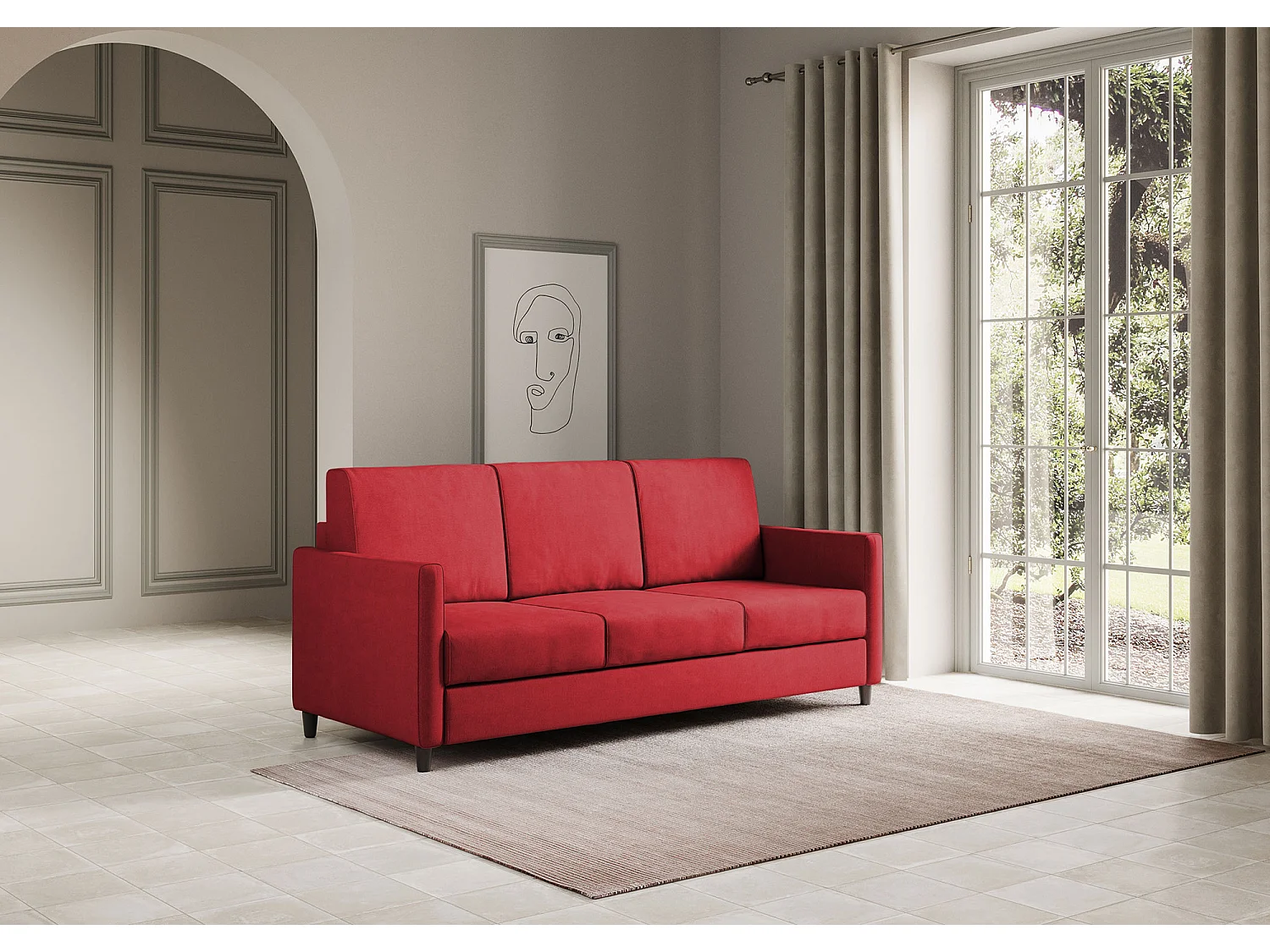 Canapé droit moderne italien tissu rouge Korane - 3 tailles-Taille 198 cm