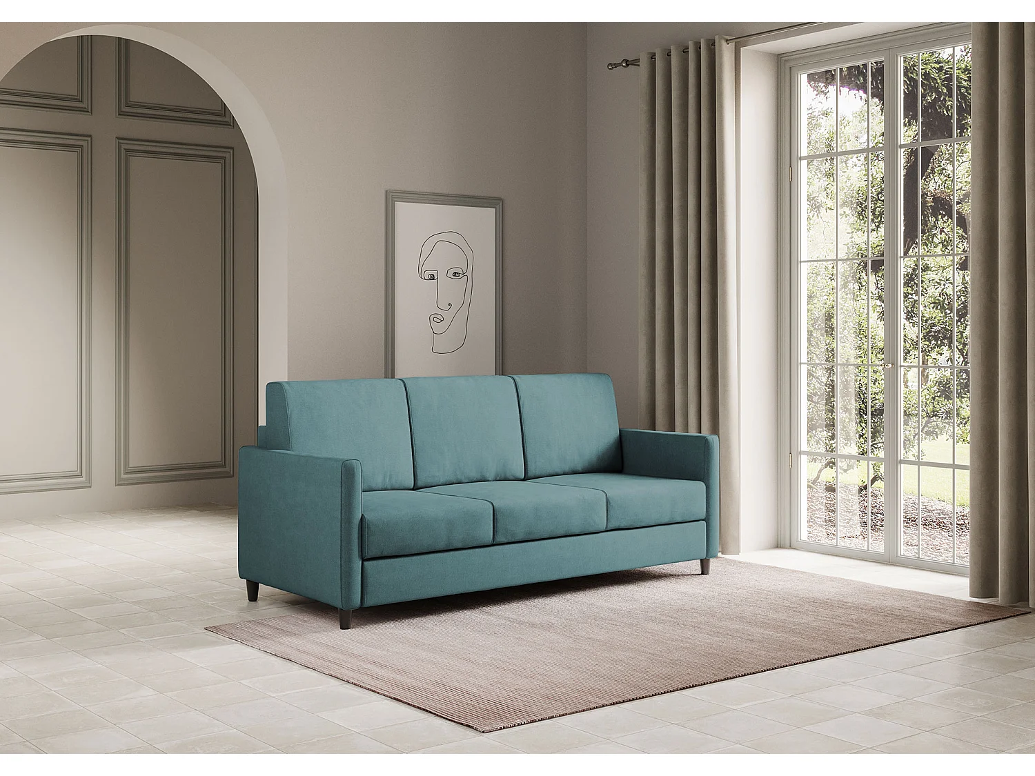 Sofá recto italiano moderno en tela azul petróleo Korane - 3 tamaños-Talla 198 cm