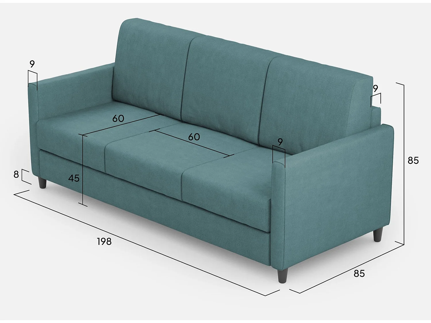 Canapé droit moderne italien tissu bleu pétrole Korane - 3 tailles-Taille 198 cm