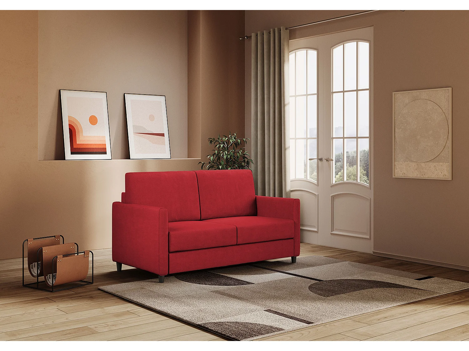 Canapé droit moderne italien tissu rouge Korane - 3 tailles-Taille 158 cm