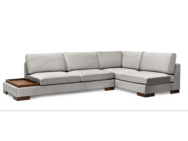 Canapé d'angle velours avec plateau en bois noyer Bakiza 313cm-Couleur Gris clair-angle droit