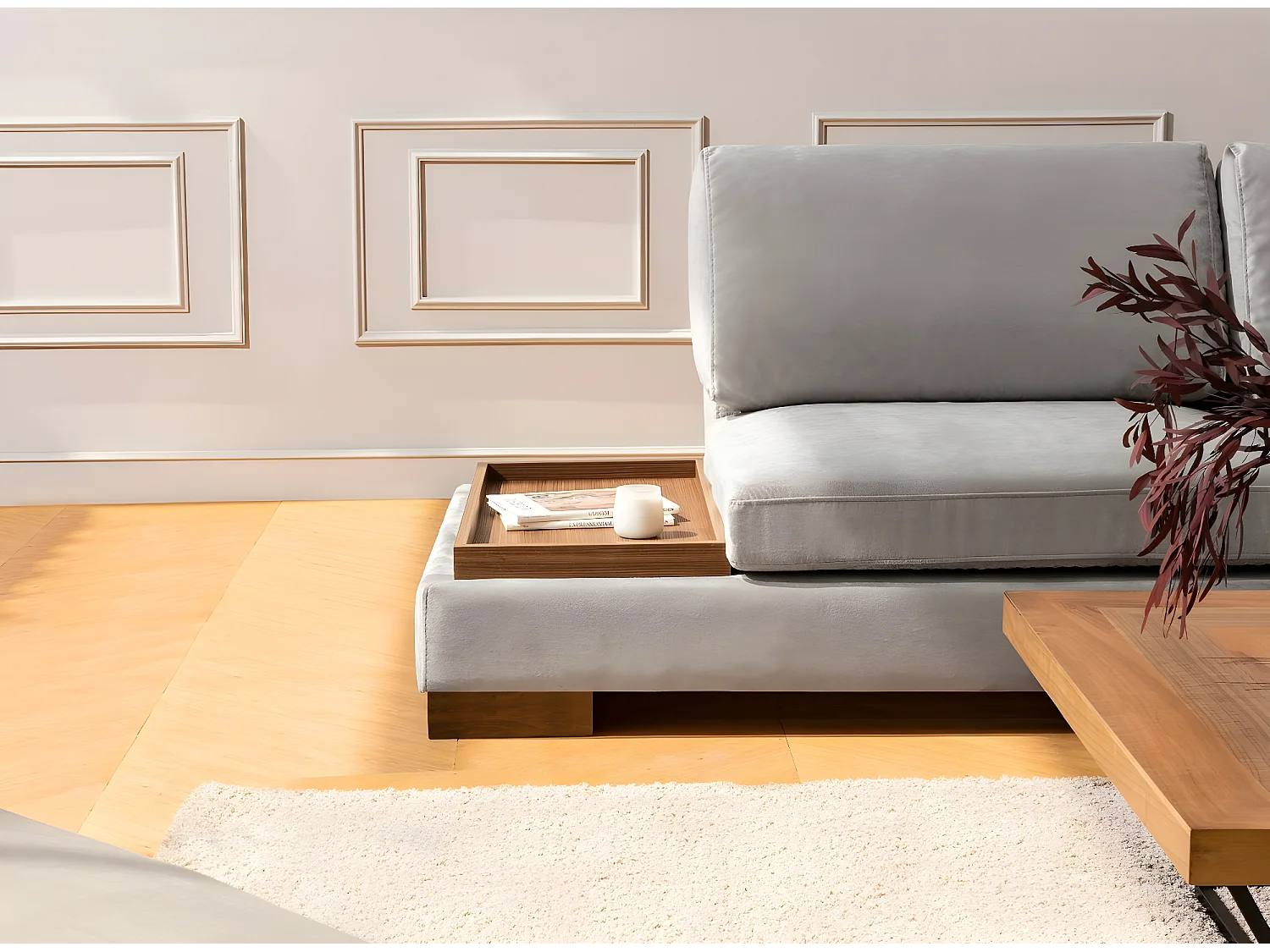 Canapé d'angle velours avec plateau en bois noyer Bakiza 313cm-Couleur Gris clair-angle droit