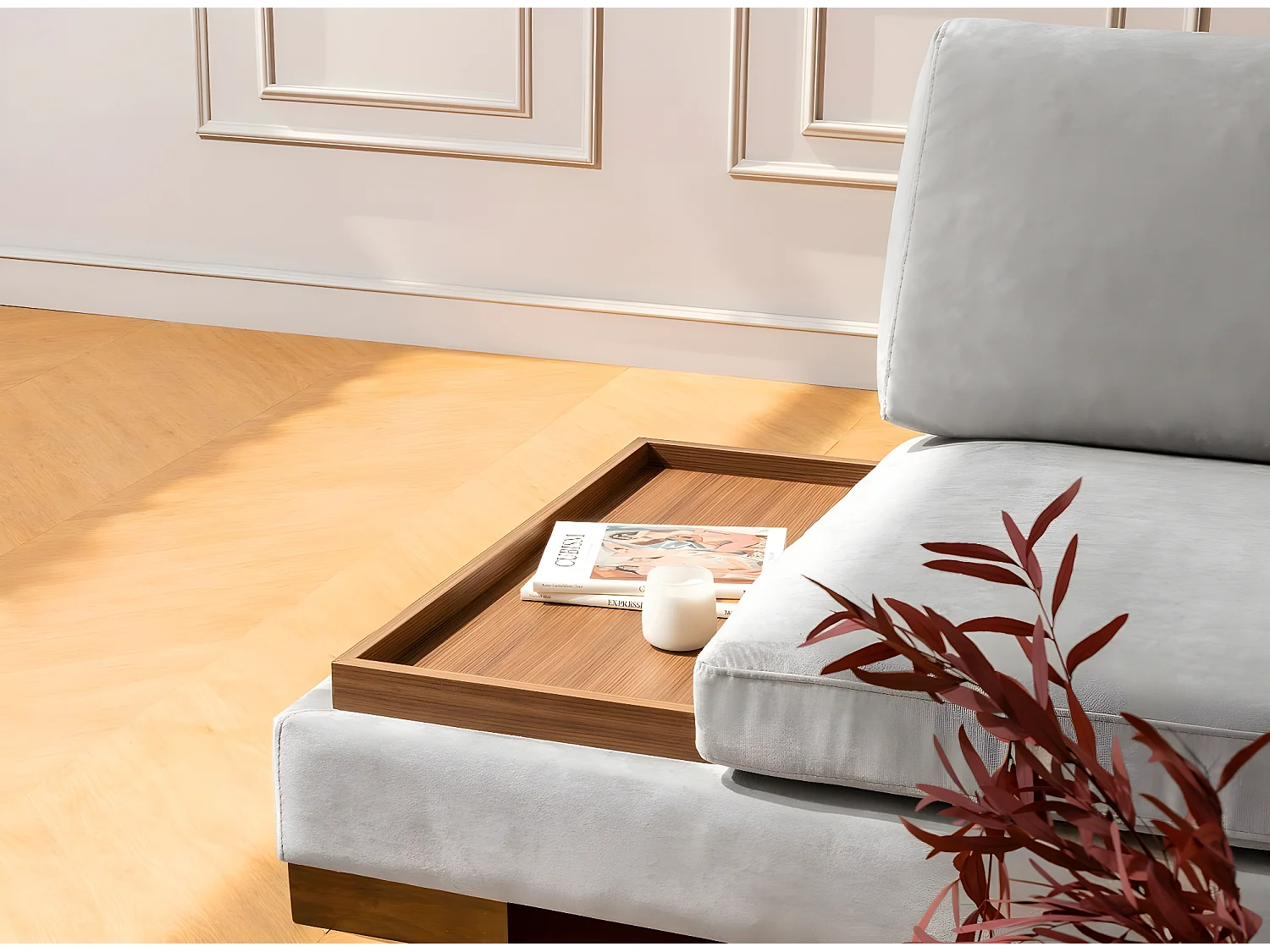 Canapé d'angle velours avec plateau en bois noyer Bakiza 313cm-Couleur Gris clair-angle droit