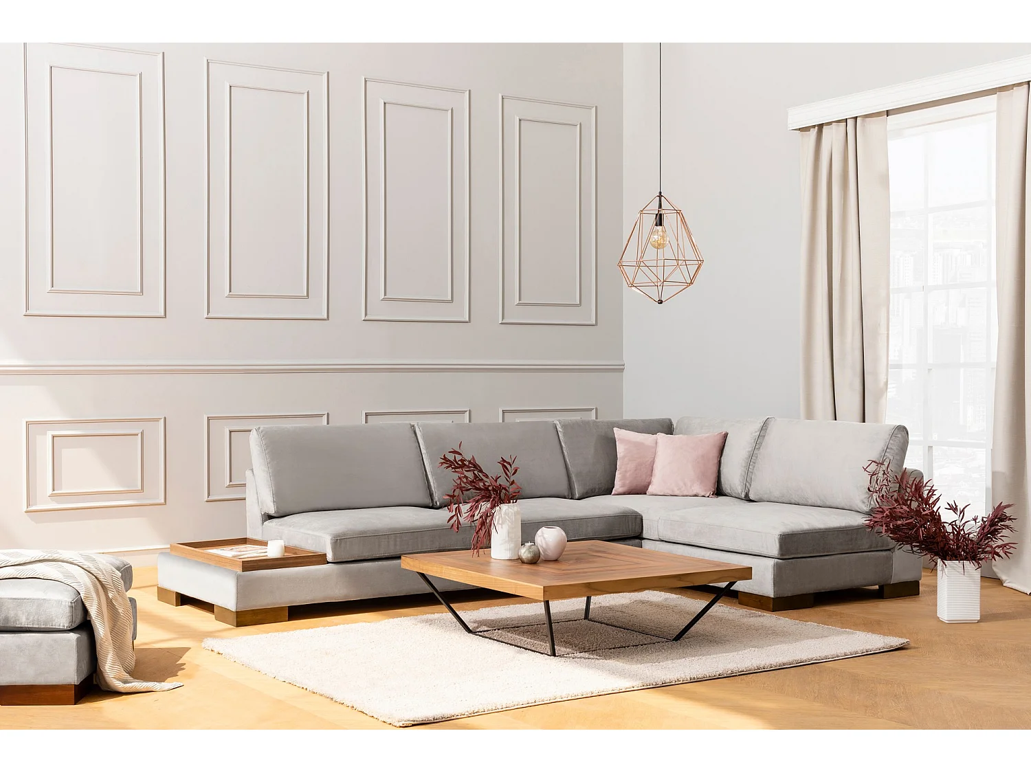 Canapé d'angle velours avec plateau en bois noyer Bakiza 313cm-Couleur Gris clair-angle droit