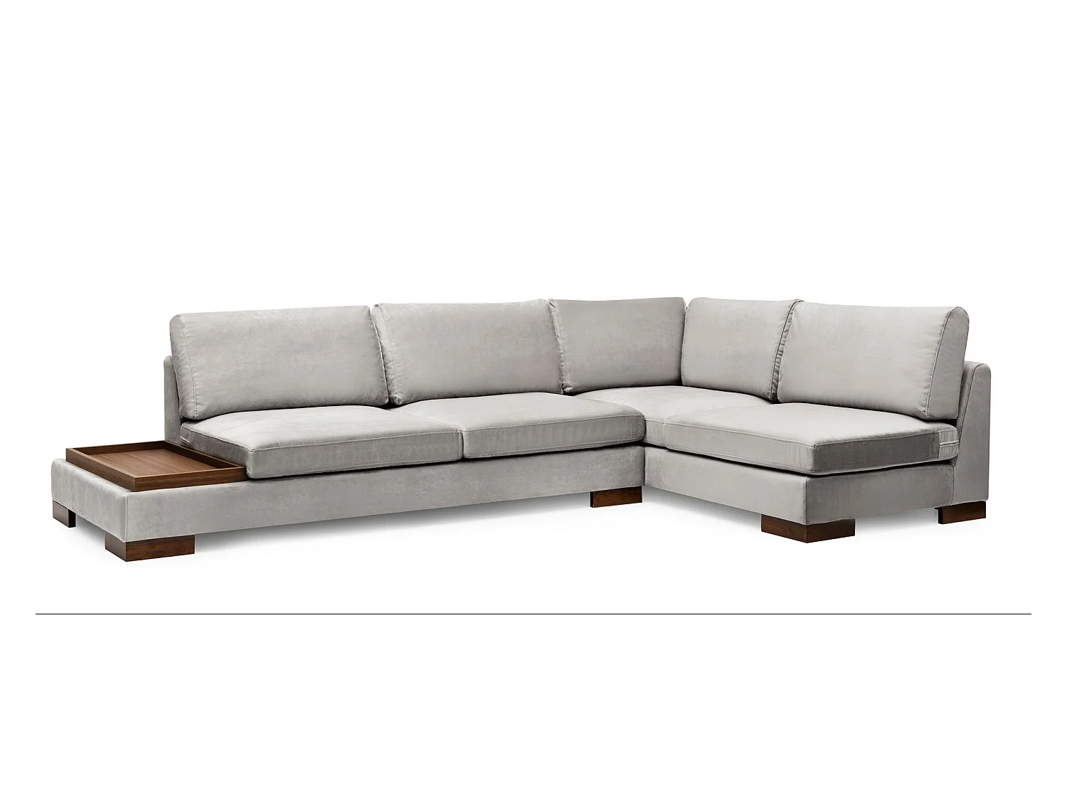 Canapé d'angle velours avec plateau en bois noyer Bakiza 313cm-Couleur Gris clair-angle droit