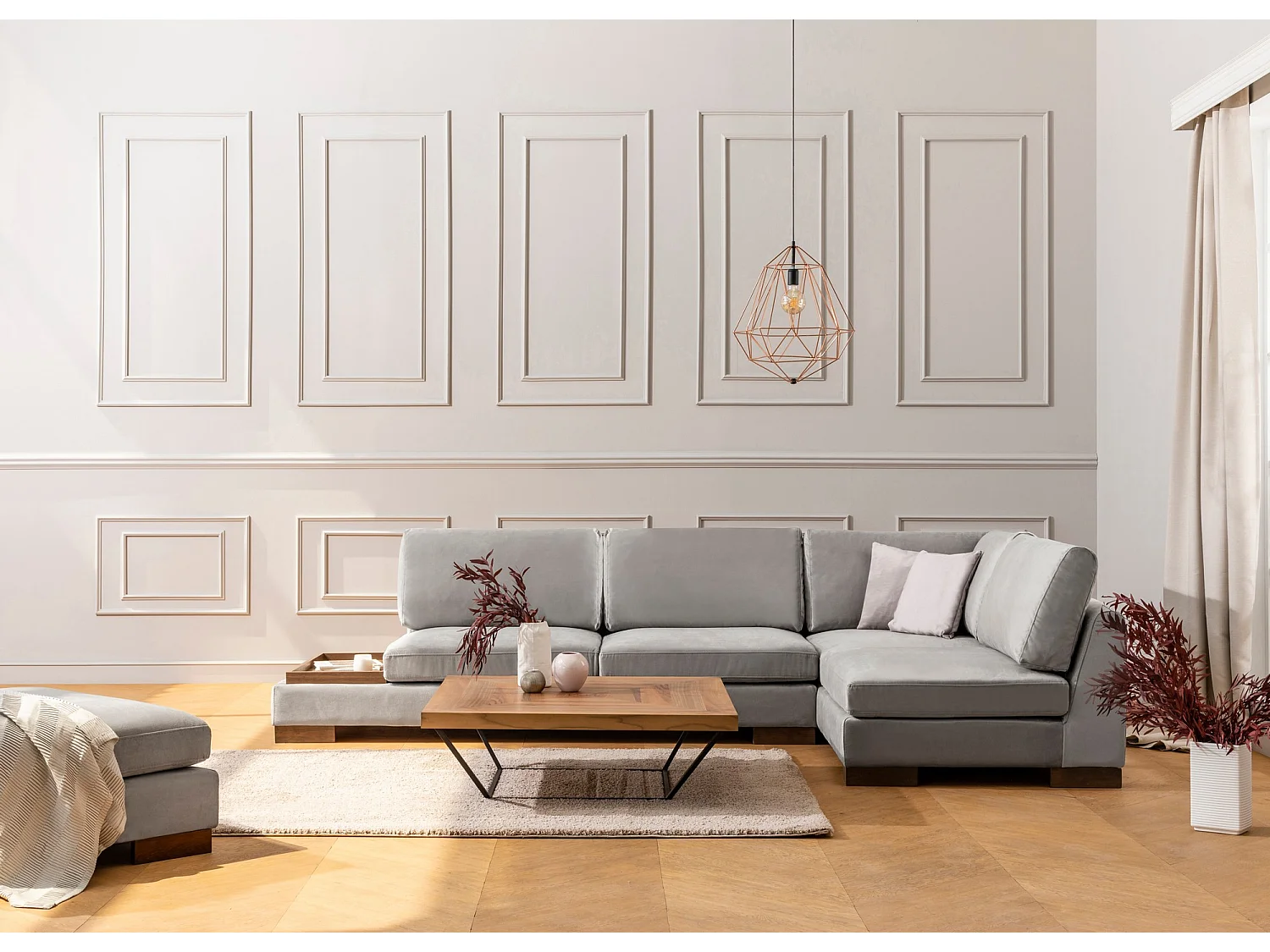 Canapé d'angle velours avec plateau en bois noyer Bakiza 313cm-Couleur Gris clair-angle droit