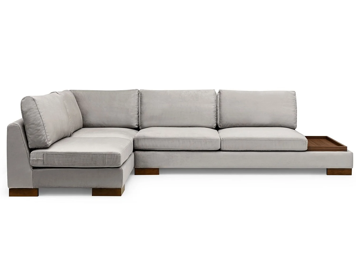 Canapé d'angle velours avec plateau en bois noyer Bakiza 313cm-Gris clair-angle droit