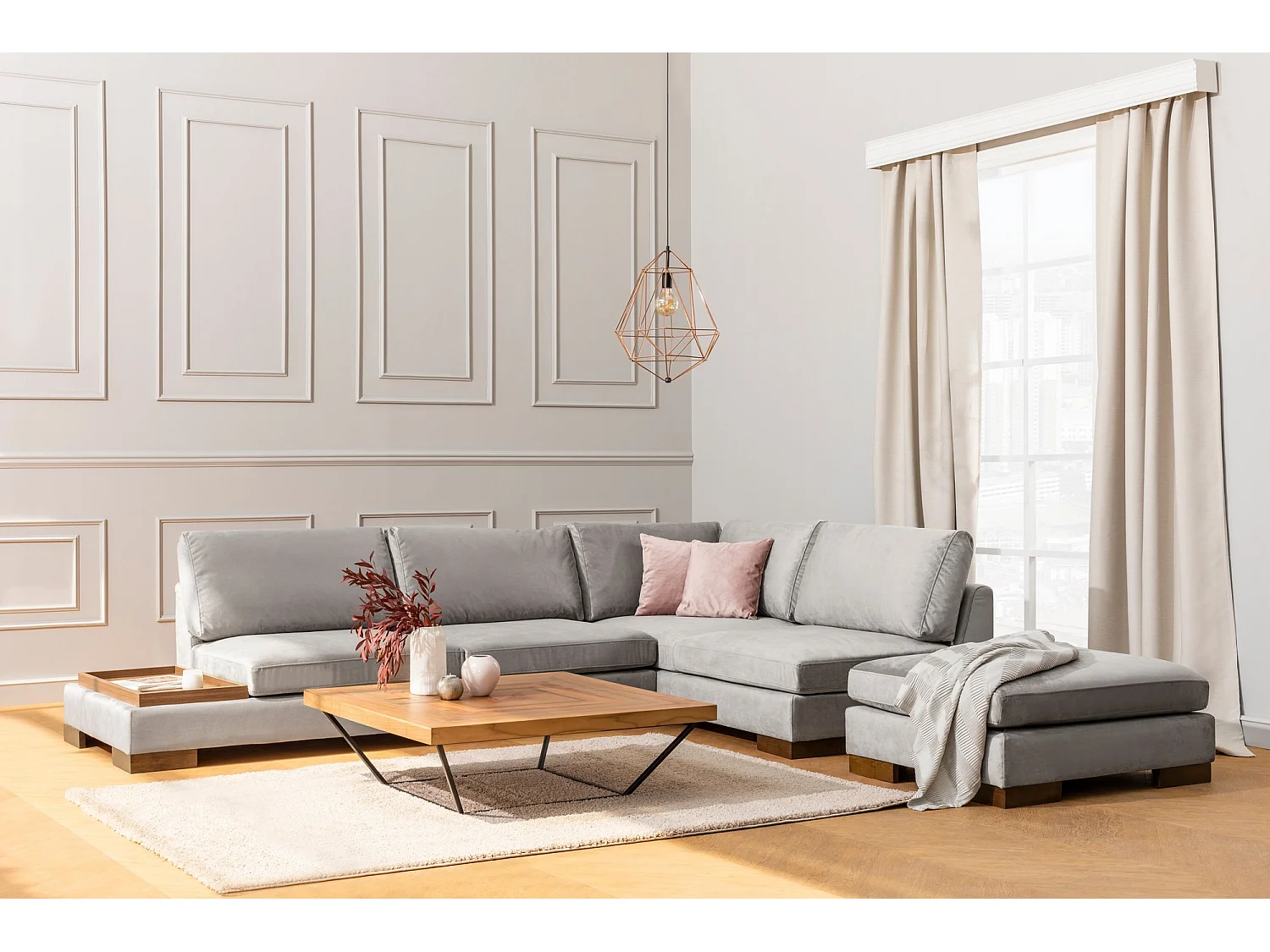 Canapé d'angle velours avec plateau en bois noyer Bakiza 313cm-Gris clair-angle droit