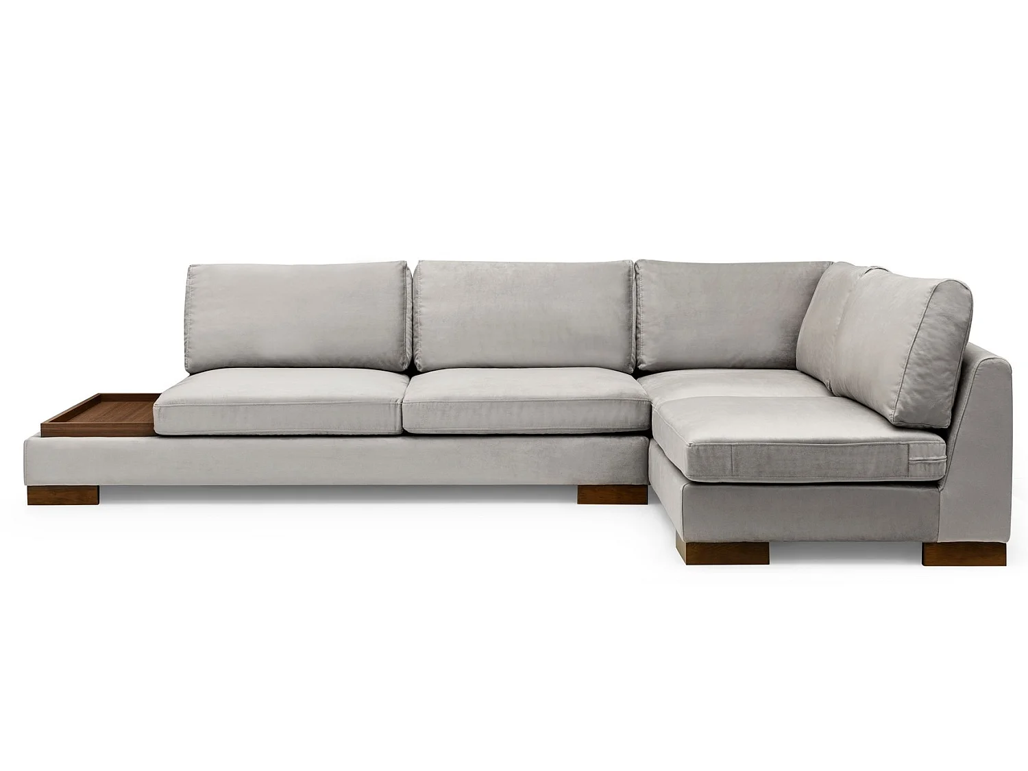 Canapé d'angle velours avec plateau en bois noyer Bakiza 313cm-Gris clair-angle droit