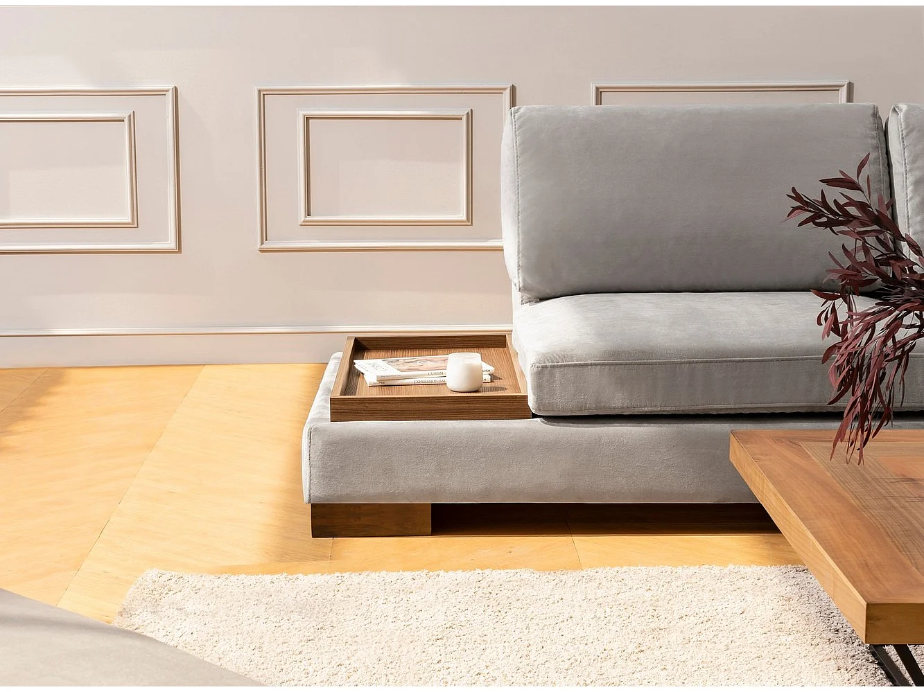Canapé d'angle velours avec plateau en bois noyer Bakiza 313cm-Gris clair-angle droit