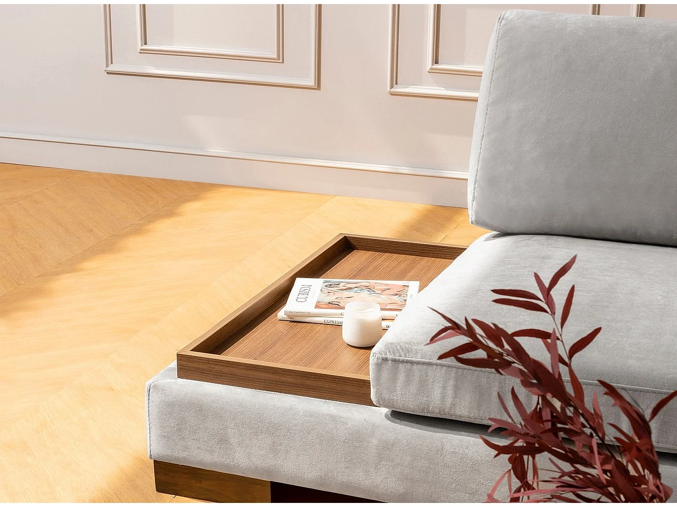 Canapé d'angle velours avec plateau en bois noyer Bakiza 313cm-Gris clair-angle droit